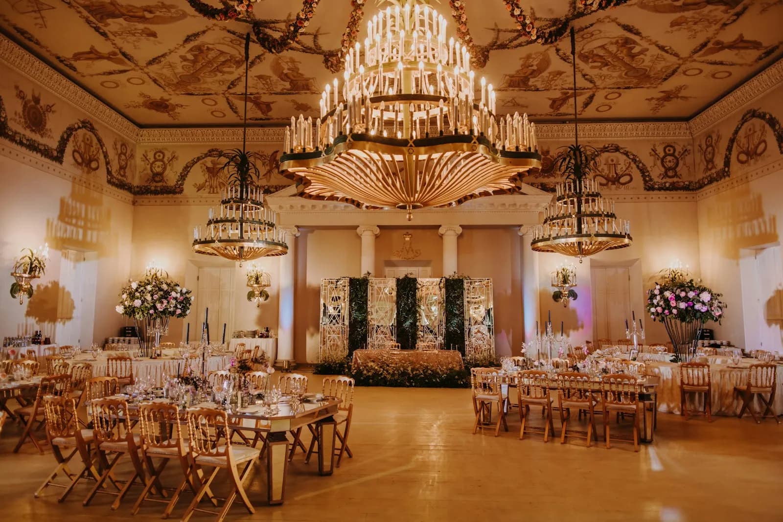 Banquet hall interior with chandeliers